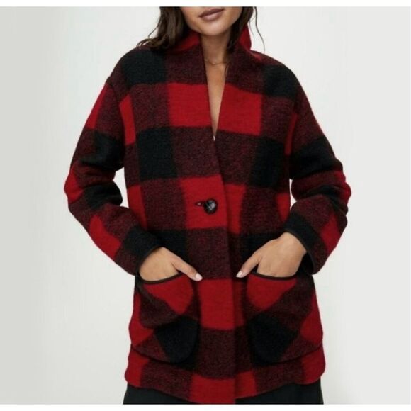 Aritzia Wilfred Free Red Black‎ Plaid Wool Blend Jacket Coat - Picture 2 of 12